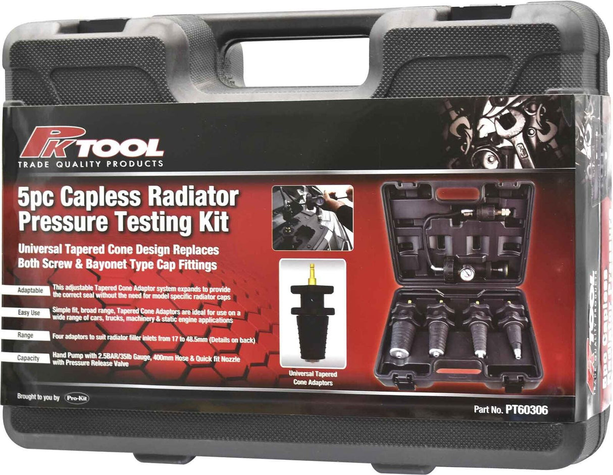PK Tool 5pc Adjustable Universal Capless Radiator Pressure Testing Kit