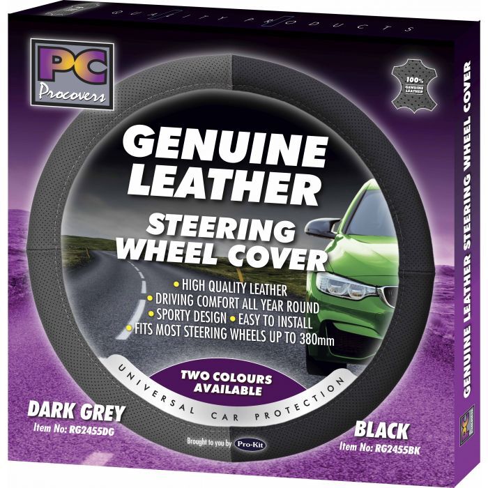 PC Covers 38cm Steering Wheel Cover Genuine Leather Perforated Dark Grey