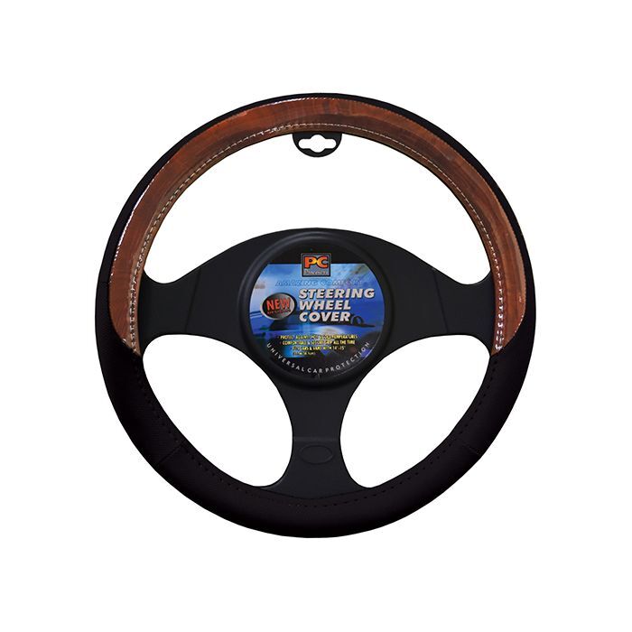 PC Covers 38cm Steering Wheel Cover Soft Leather Feel With Dark Wood Grain Black
