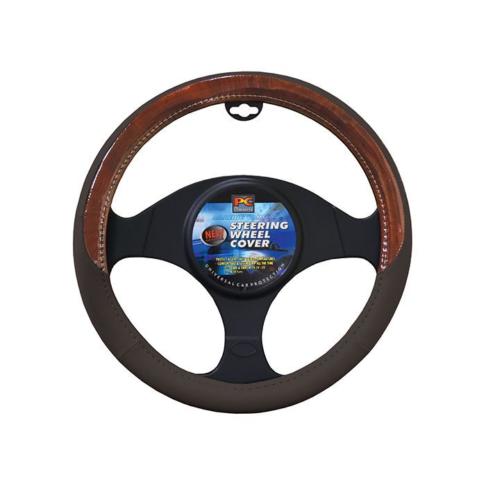 PC Covers 38cm Steering Wheel Cover Soft Leather Feel With Dark Wood Grain Dark Grey