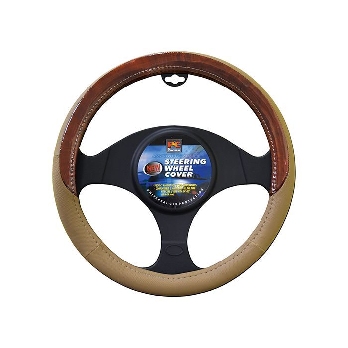 PC Covers 38cm Steering Wheel Cover Soft Leather Feel With Dark Wood Grain Mocha
