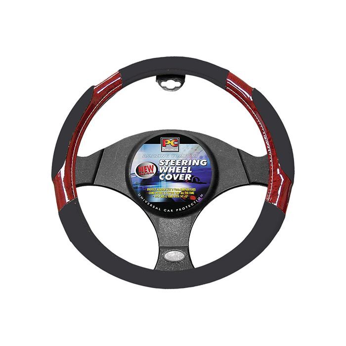 PC Covers 38cm Steering Wheel Cover Perforated Soft Leather Feel With Dark Wood Grain Black