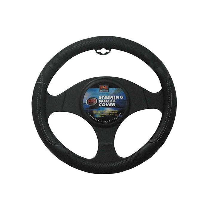 PC Covers 38cm Steering Wheel Cover Leather Feel, Raised Stitching Black