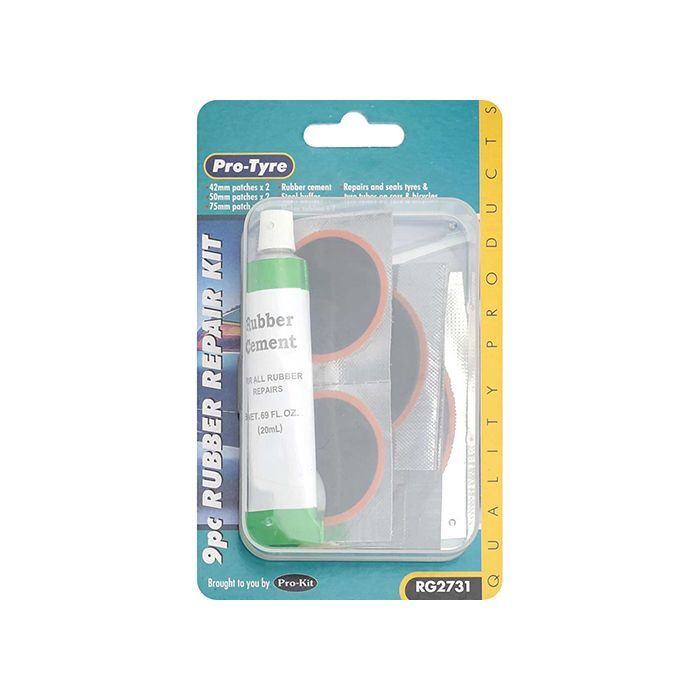Protyre Tyre Repair Kit 9Pc With 5 Patches,Steel Buffer, 2 x Valve Tubing Glue