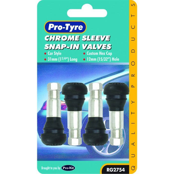 Protyre Tyre Valves 4 Piece Chrome Sleeve Snap-In Valves