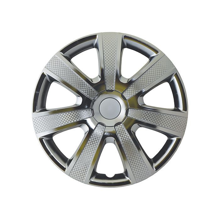 PC Covers 4 Piece Black Chrome With Silver Carbon Look Wheel Cover Set 14"