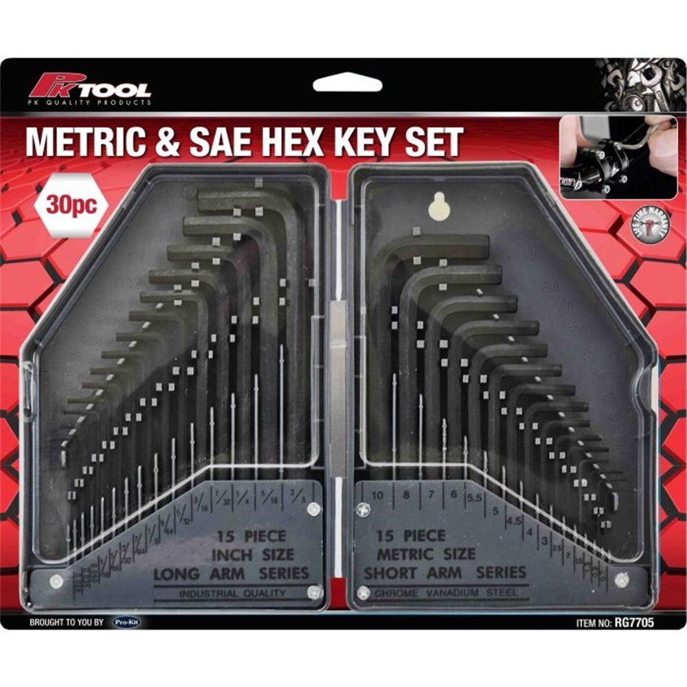PK Tool 30-Piece Metric Short and SAE Long Hex Key Set with Hard Case RG7705