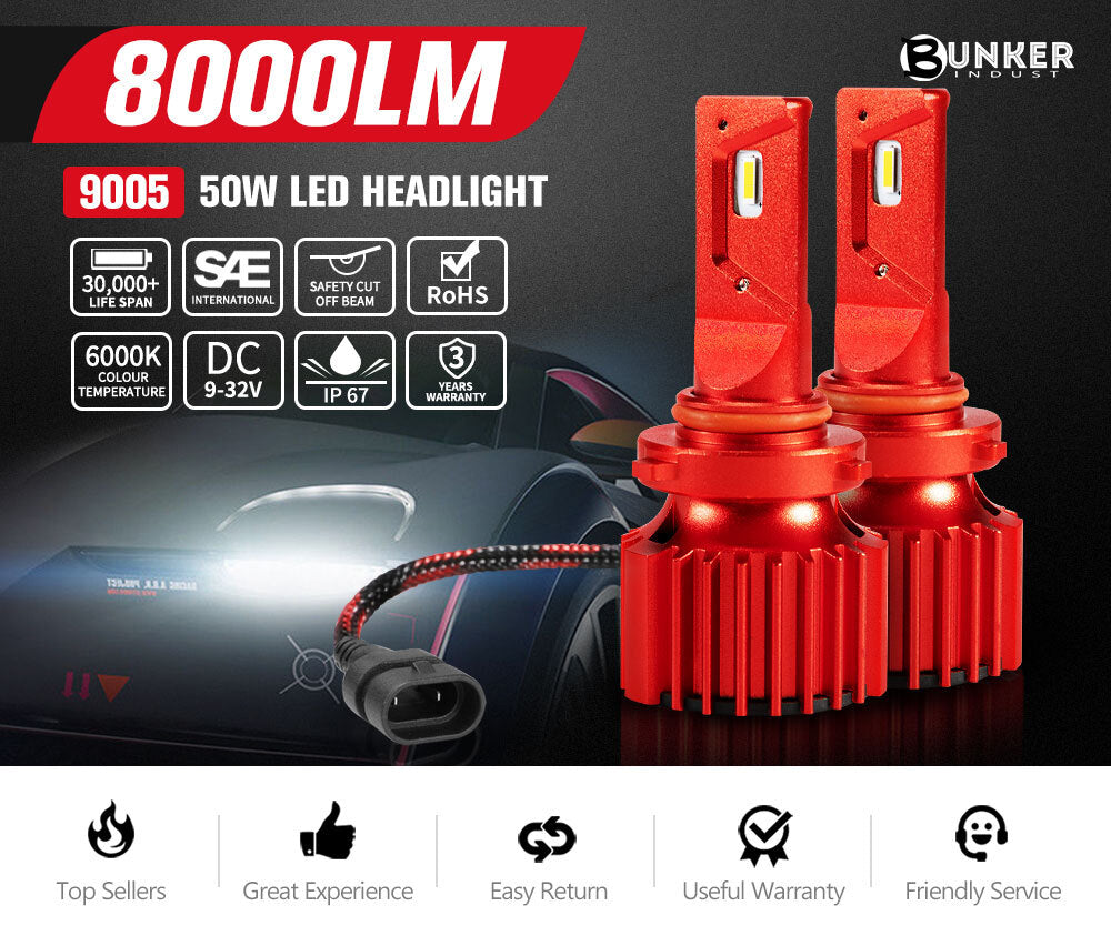 BUNKER INDUST 9005 HB3 LED Headlight Kit 50W 8000LM Globe Bulbs High/Low Beam