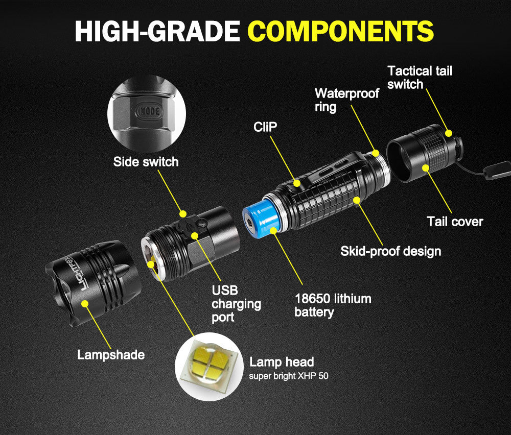 LIGHTFOX LED Tactical Flashlight Torch L2 Chip USB Rechargeable Battery