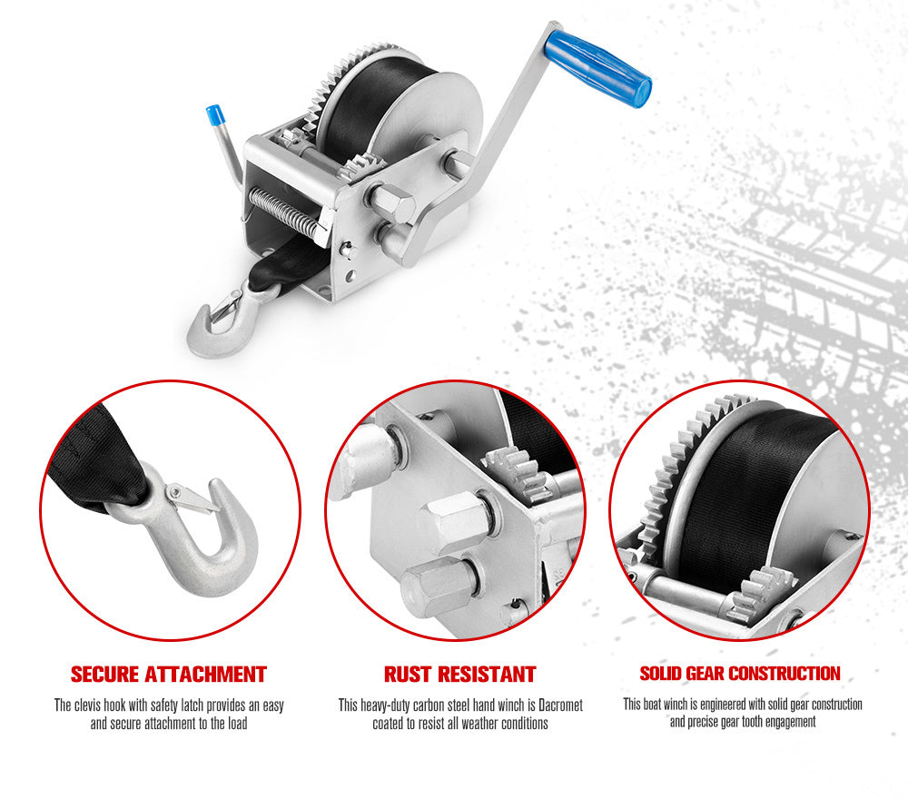 FIERYRED 3000KG/6615LBS Hand Winch 3 Speed Dyneema Webbing Strap Boat Car Marine 4WD 8M