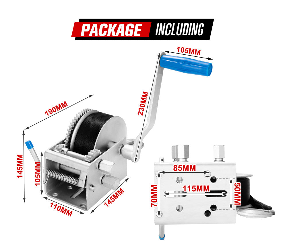 FIERYRED 3000KG/6615LBS Hand Winch 3 Speed Dyneema Webbing Strap Boat Car Marine 4WD 8M
