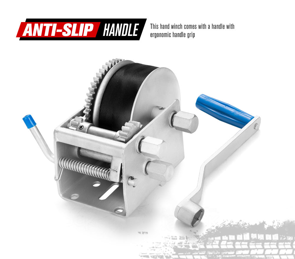 FIERYRED 3000KG/6615LBS Hand Winch 3 Speed Dyneema Webbing Strap Boat Car Marine 4WD 8M