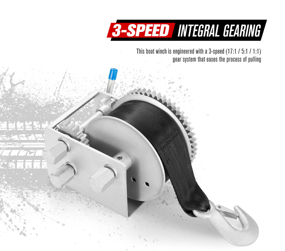 FIERYRED 3000KG/6615LBS Hand Winch 3 Speed Dyneema Webbing Strap Boat Car Marine 4WD 8M