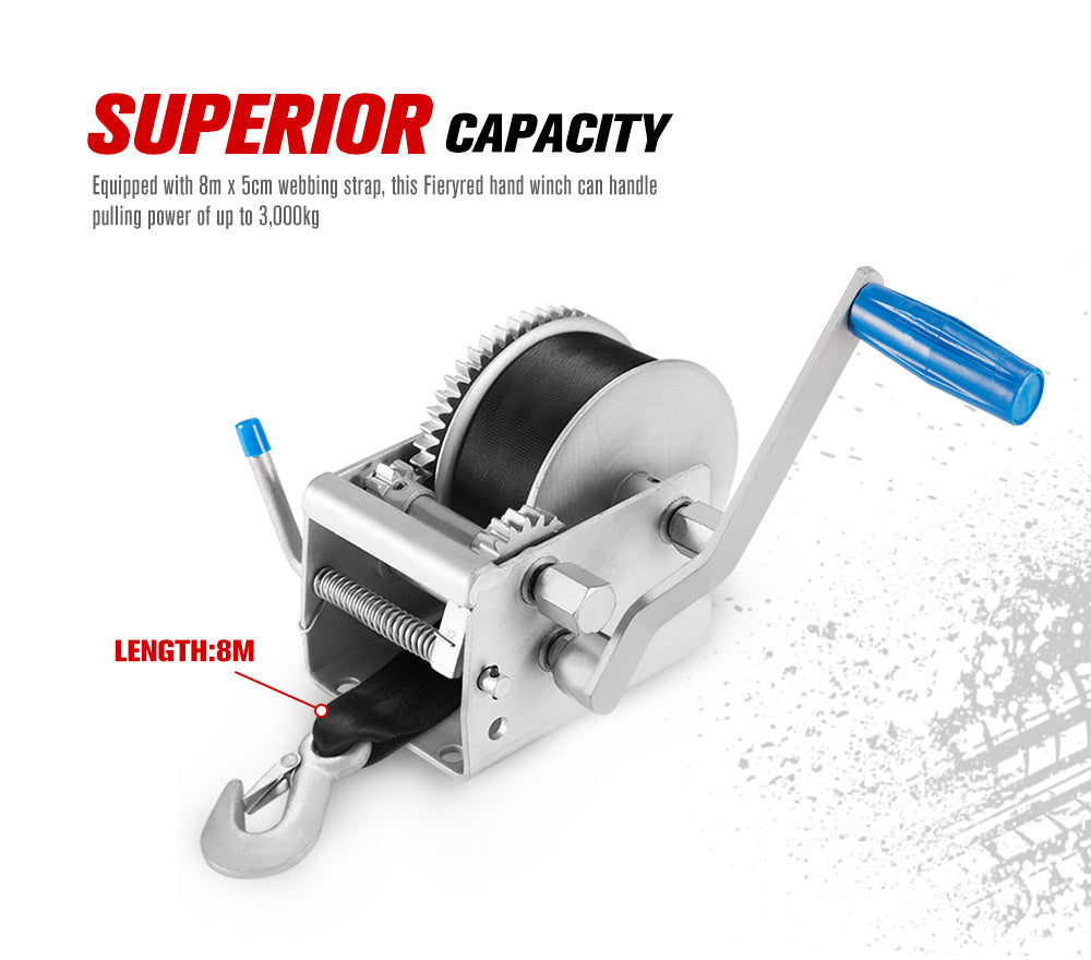 FIERYRED 3000KG/6615LBS Hand Winch 3 Speed Dyneema Webbing Strap Boat Car Marine 4WD 8M