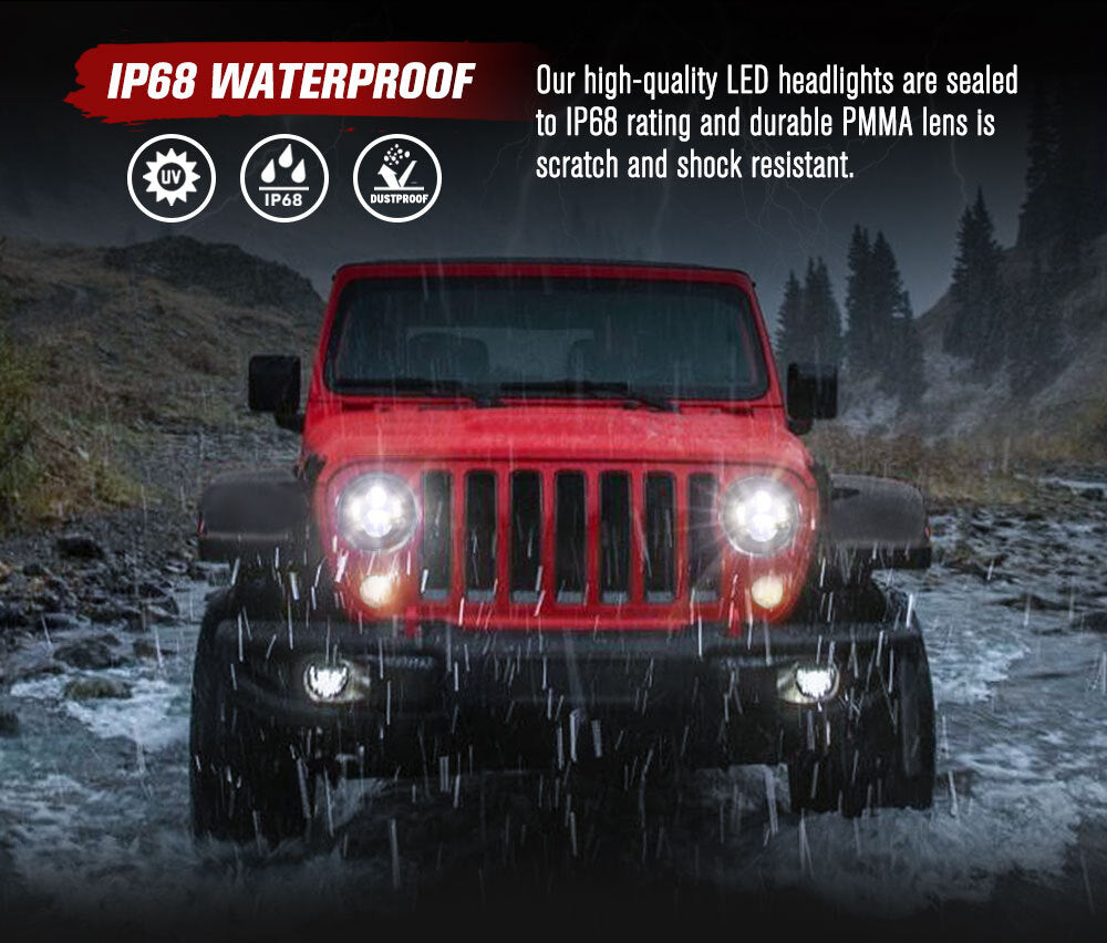 LIGHTFOX Pair 7Inch Angel Eyes LED Headlights for Jeep Wrangler GQ Patrol