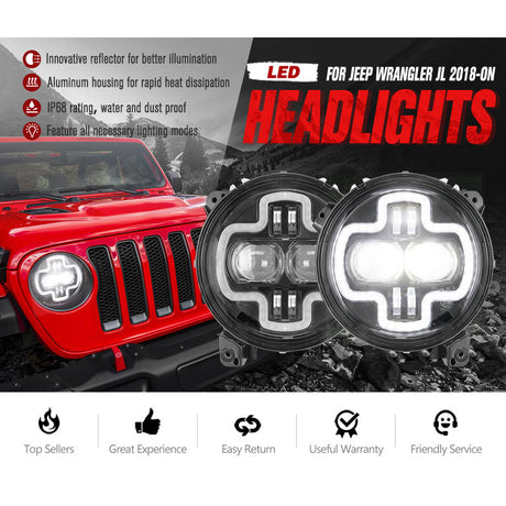 LIGHTFOX Pair  LED Headlights for Jeep Wrangler JL 2018-ON