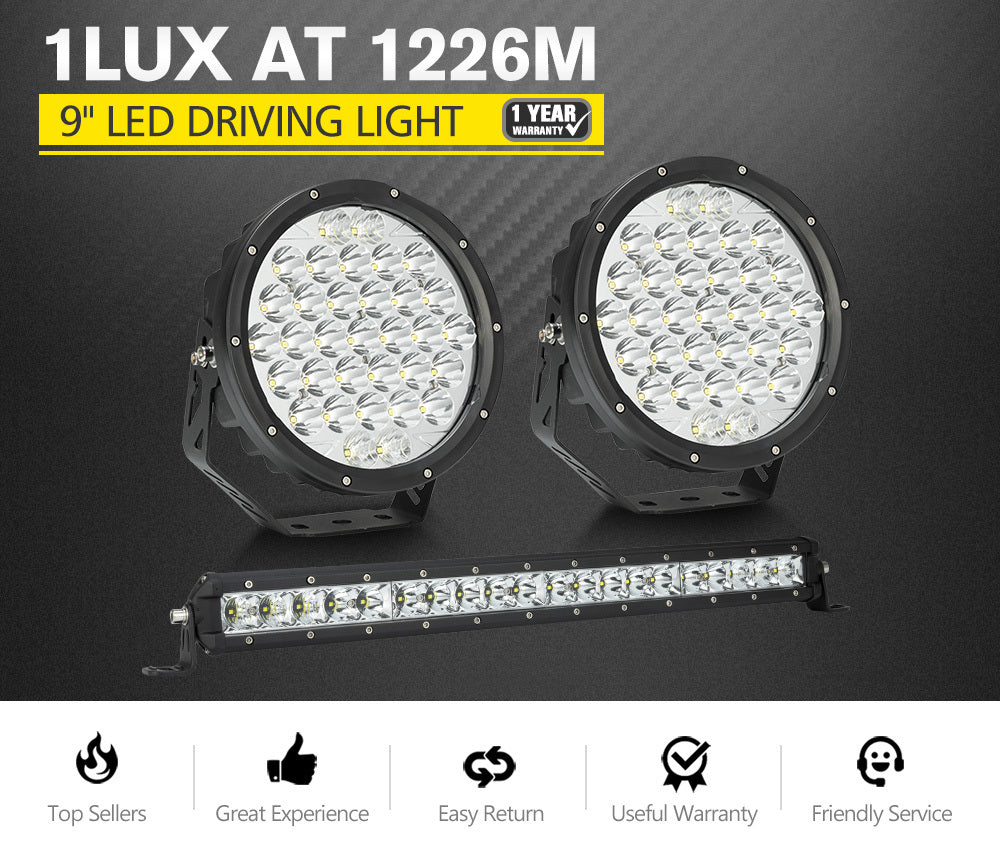9inch LED Spot Lights Pair + 20inch LED Light Bar Kit Offroad Truck