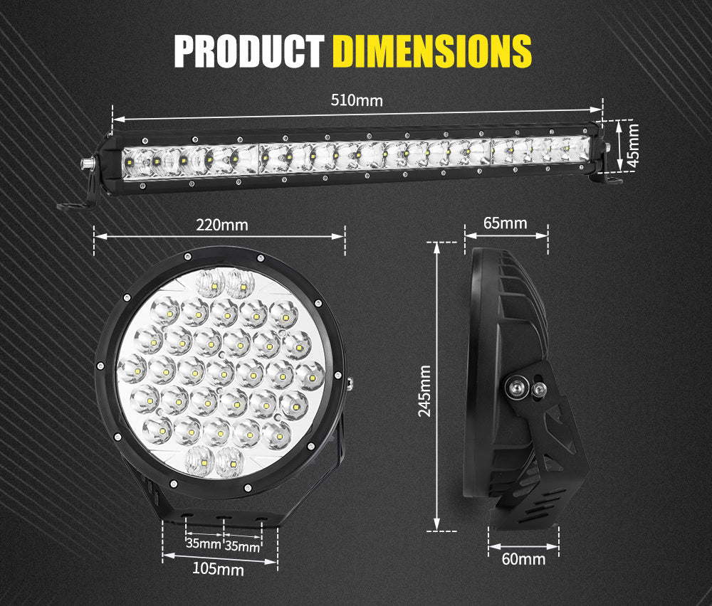 9inch LED Spot Lights Pair + 20inch LED Light Bar Kit Offroad Truck