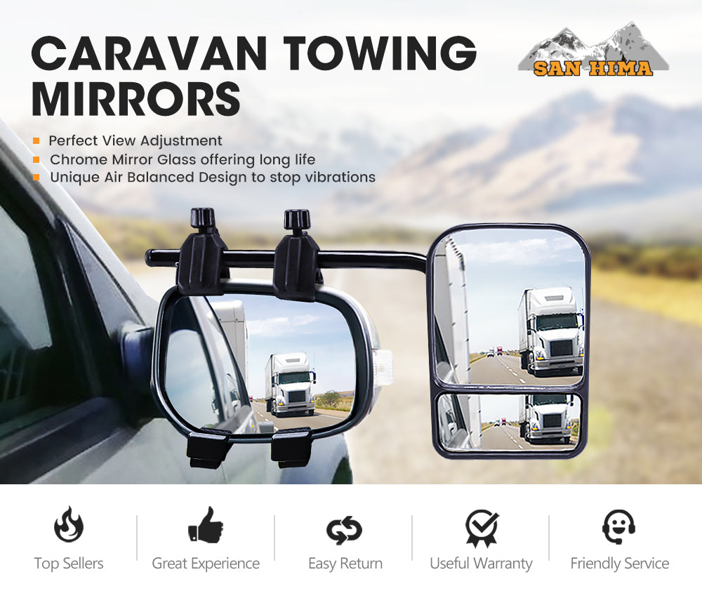 SAN HIMA 2x Towing Mirrors Pair Clip on Multi Fit Clamp On Towing Caravan 4X4 Trailer
