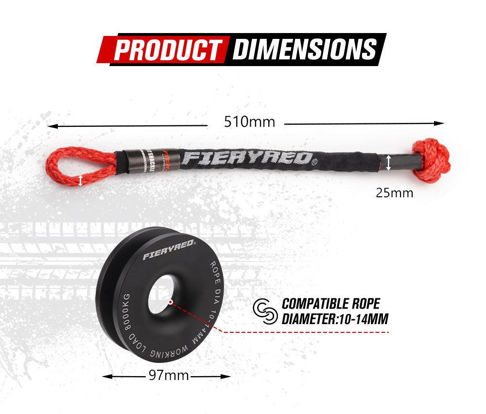 Fieryred Recovery Snatch Block Pulley Rope Ring 8T+15T Soft Shackle Recovery Kit