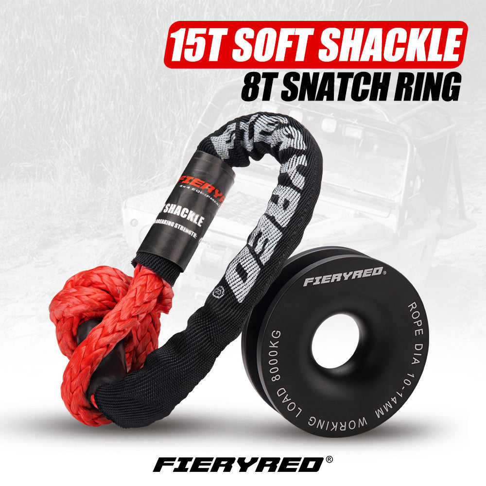 Fieryred Recovery Snatch Block Pulley Rope Ring 8T+15T Soft Shackle Recovery Kit