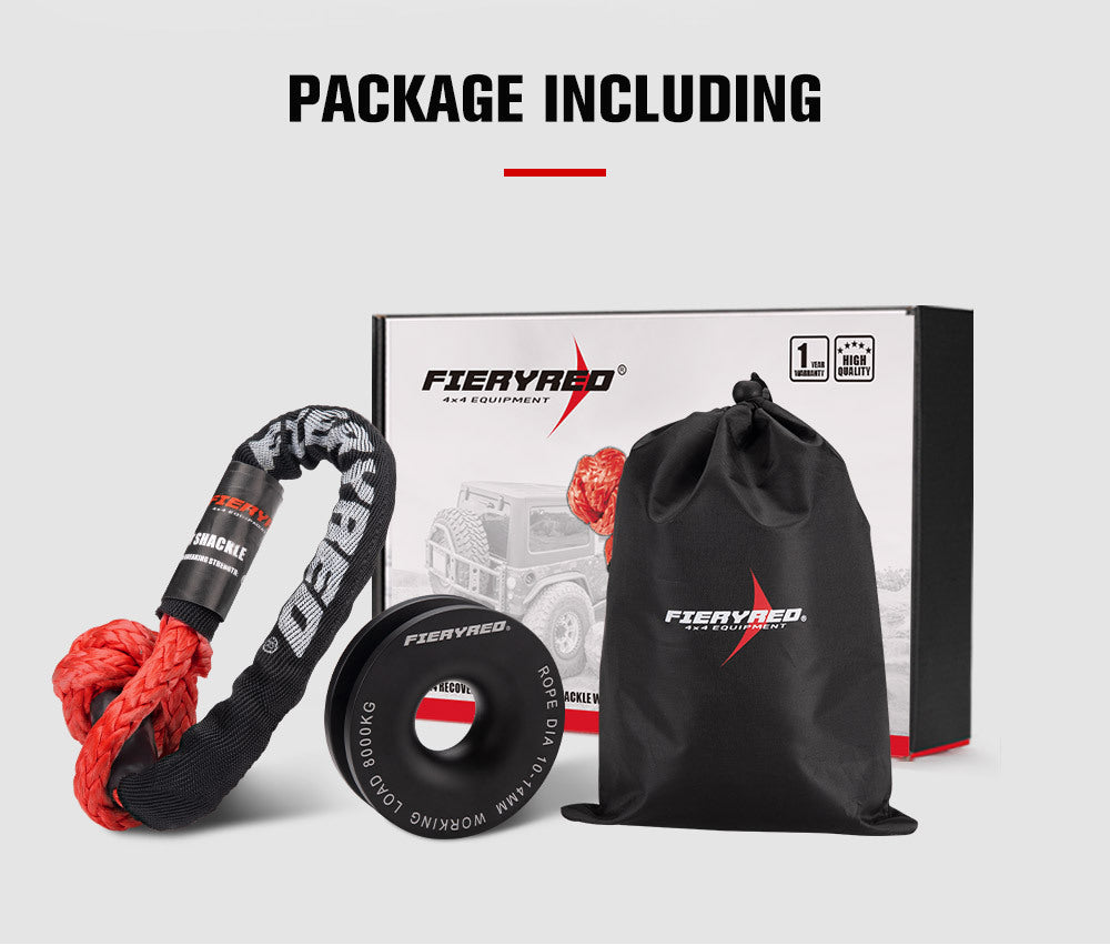 Fieryred Recovery Snatch Block Pulley Rope Ring 8T+15T Soft Shackle Recovery Kit
