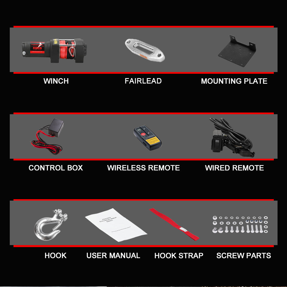 FIERYRED Electric Winch 4500LBS/2045kg 12V Synthetic Rope Wireless Remotes ATV UTV