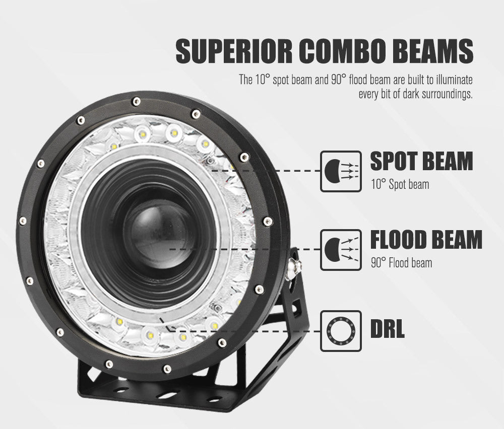 LIGHTFOX 9inch LED Driving Lights Round SpotLights DRL 4x4 Offroad Work