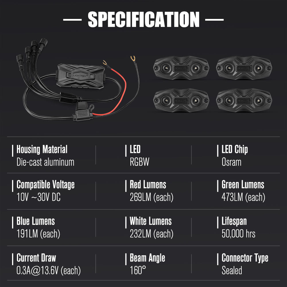 LIGHTFOX 4X RGBW LED Rock Lights White Wireless Bluetooth Music Multi Color