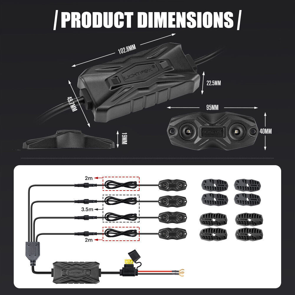 LIGHTFOX 4X RGBW LED Rock Lights White Wireless Bluetooth Music Multi Color