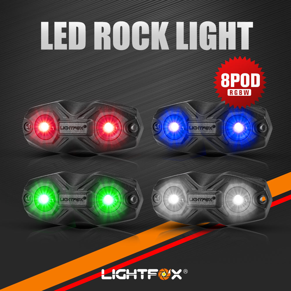 LIGHTFOX 8 Pods LED RGBW LED Rock Lights Wireless Bluetooth Multicolor Underglow
