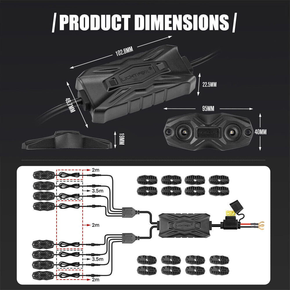 LIGHTFOX 8 Pods LED RGBW LED Rock Lights Wireless Bluetooth Multicolor Underglow