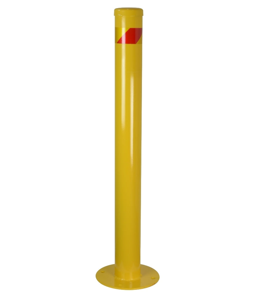 90 x 900mm Yellow Surface Mount Steel Bollard with reflective red stripe