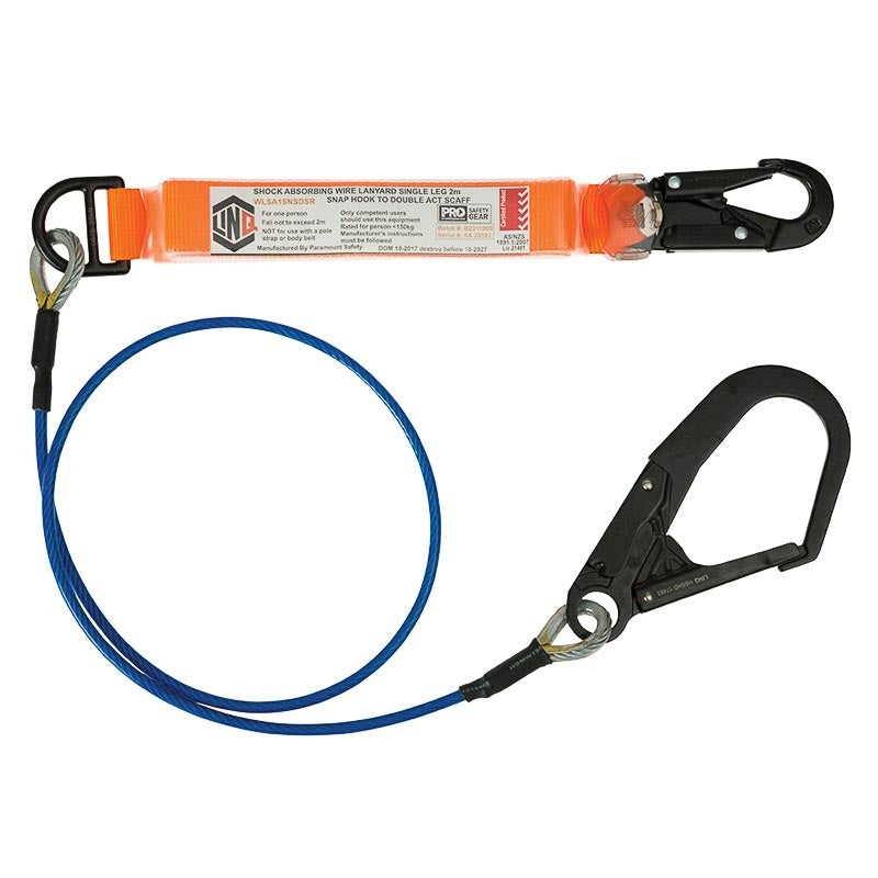 Elite Single Leg Shock Absorbing 2M Wire Rope Lanyard with Hardware SN & SD
