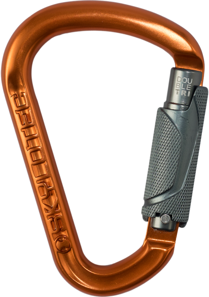 Double Tri 22kN Alloy D Shape Karabiner 180 Degree Technology 20mm Triple Action Gate Orange/Grey