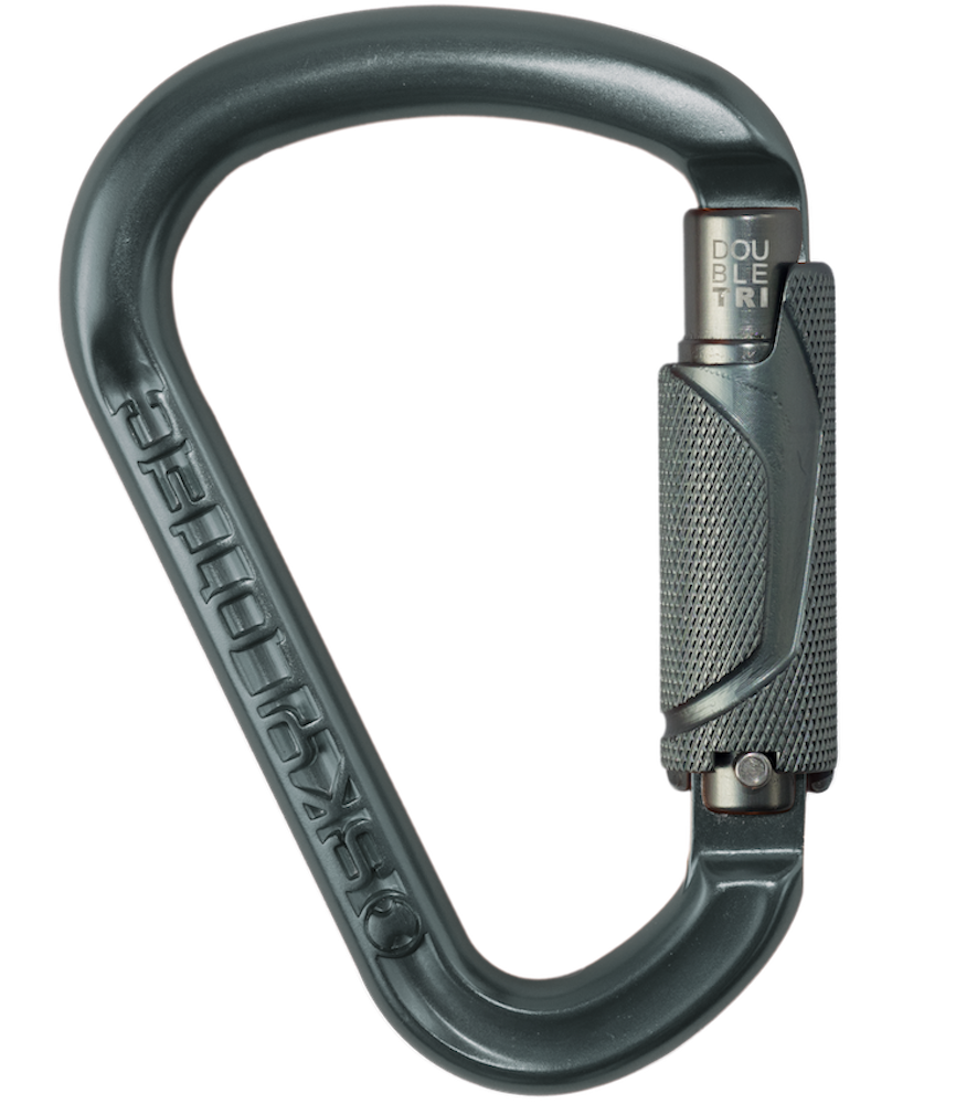 Double Tri 22kN Alloy D Shape Karabiner 180 Degree Technology 20mm Triple Action Gate Orange/Grey