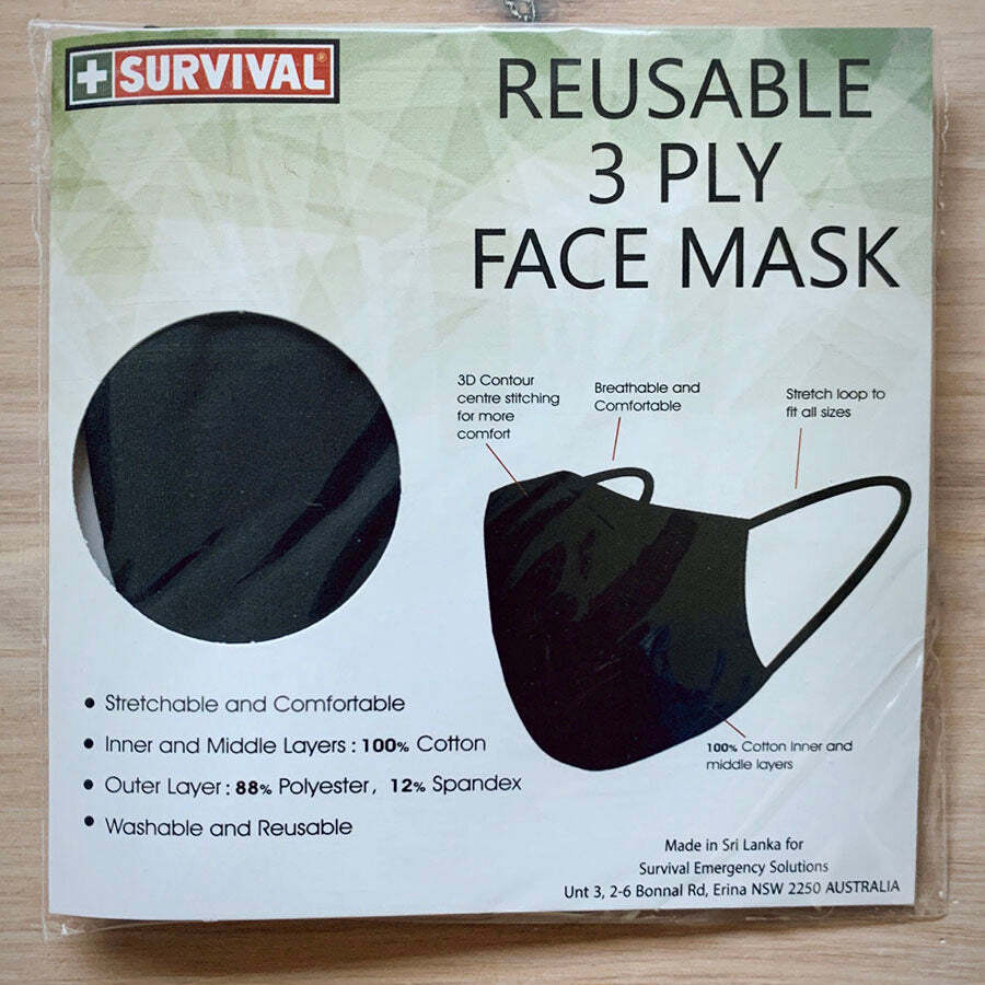 3ply reusable, washable cloth face mask, m-l, black