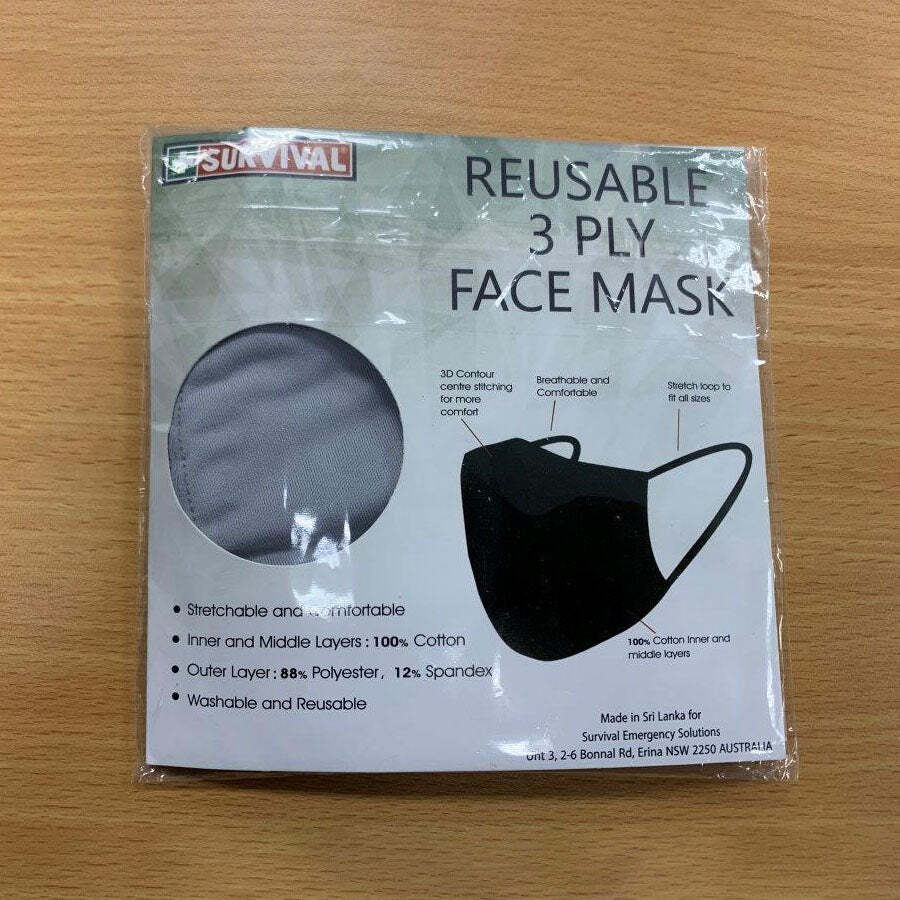 3ply reusable, washable cloth face mask, s-m, grey