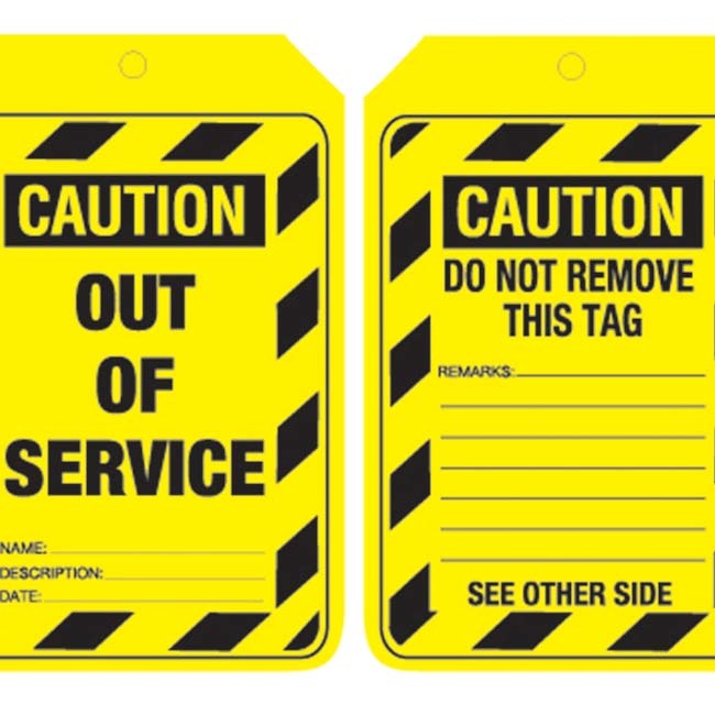 Caution Out of Service Lockout Tag Punched Hole/No String Pack of 100
