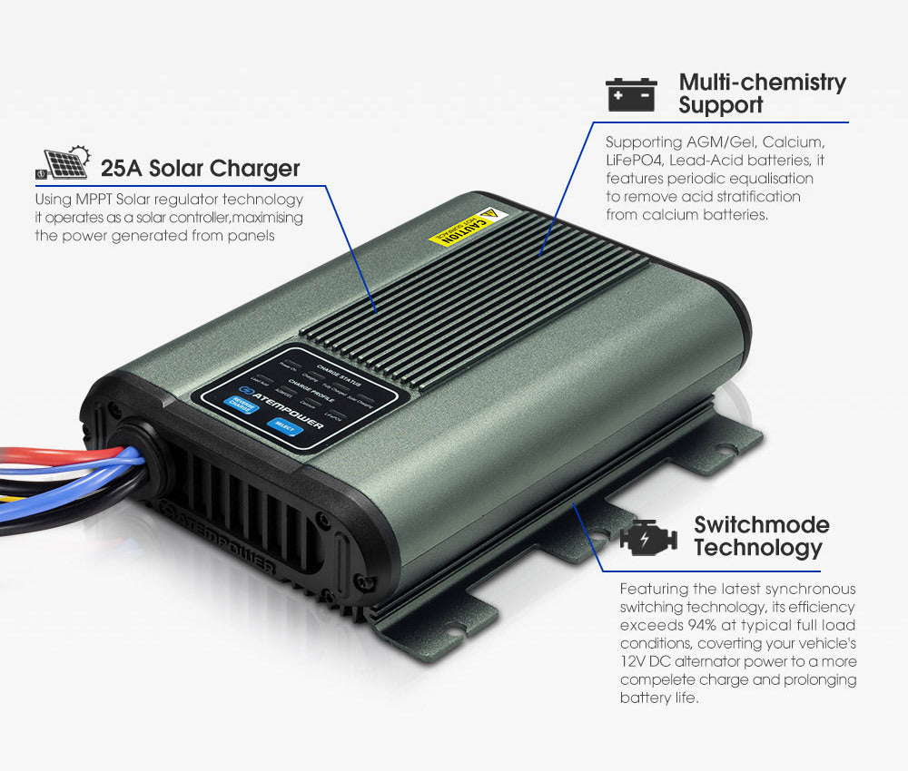 ATEM POWER 12V 25A DC to DC Battery Charger MPPT Dual Battery System Kit Isolator