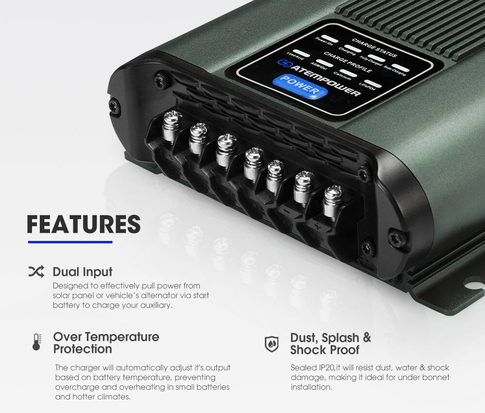 ATEM POWER 12V 40A DC to DC Battery Charger MPPT Dual Battery System with Battery Box