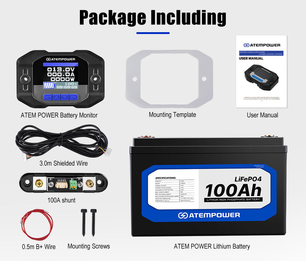 Atem Power 100AH 12V LiFePO4 Lithium Battery + 100A Battery Monitor w/Shunt
