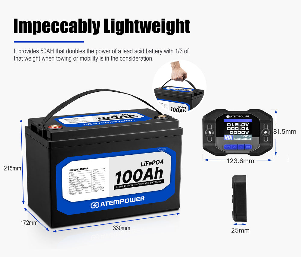 Atem Power 100AH 12V LiFePO4 Lithium Battery + 200A Battery Monitor w/Shunt