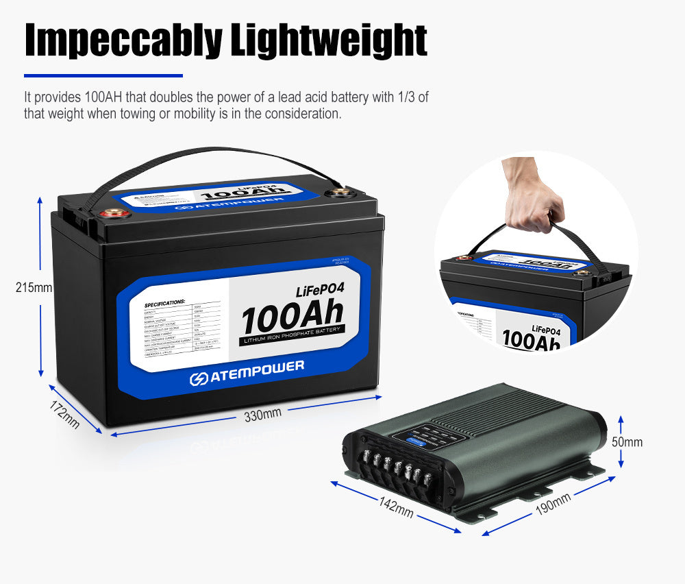 Atem Power 100AH 12V LiFePO4 Lithium Battery + 12V 25A DC to DC Battery Charger