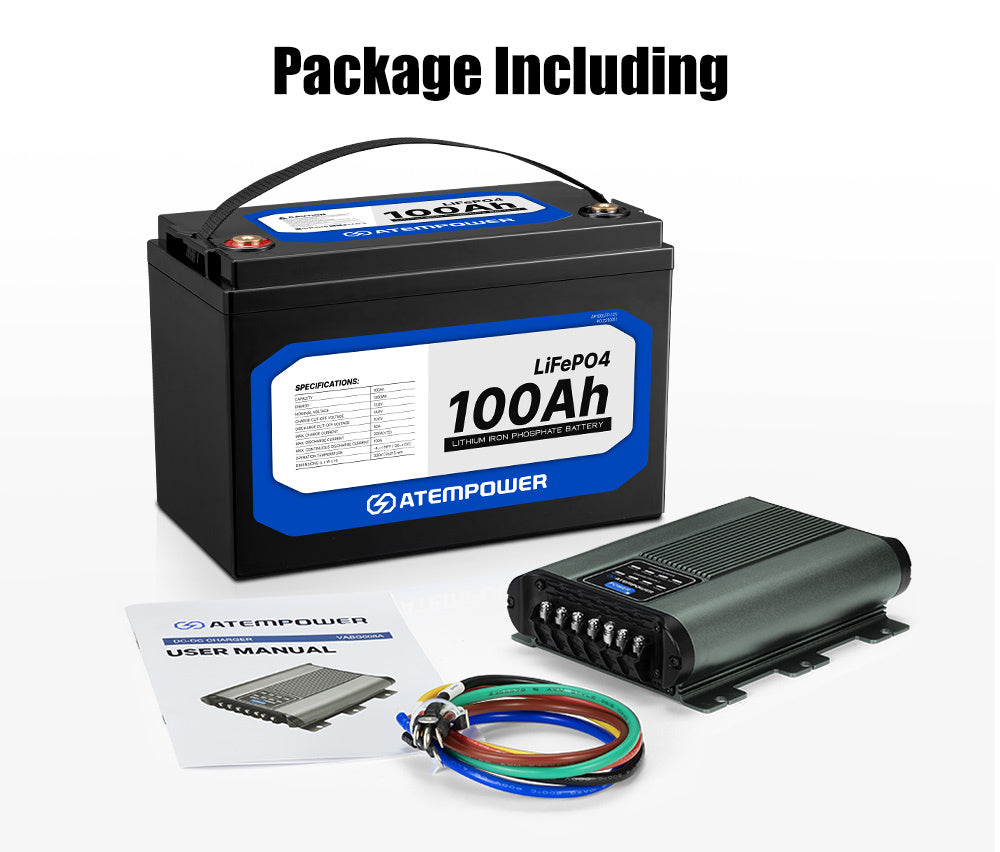 Atem Power 100AH 12V LiFePO4 Lithium Battery + 12V 25A DC to DC Battery Charger