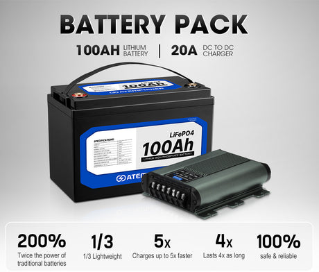 Atem Power 100AH 12V LiFePO4 Lithium Battery + 12V 25A DC to DC Battery Charger