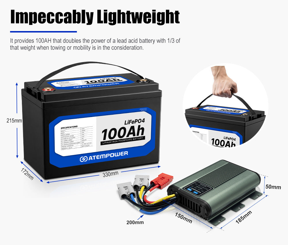 Atem Power 100AH 12V LiFePO4 Lithium Battery + 12V 40A DC to DC Battery Charger