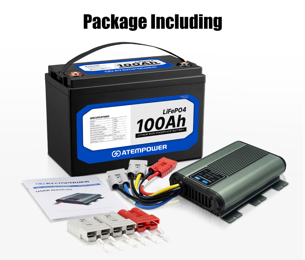 Atem Power 100AH 12V LiFePO4 Lithium Battery + 12V 40A DC to DC Battery Charger