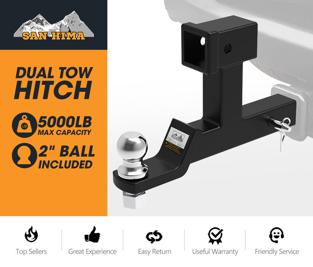 SAN HIMA Dual Hitch Ball Mount Tongue Multi Use 2" Tow Bar Trailer Camper Bike Rack 4WD