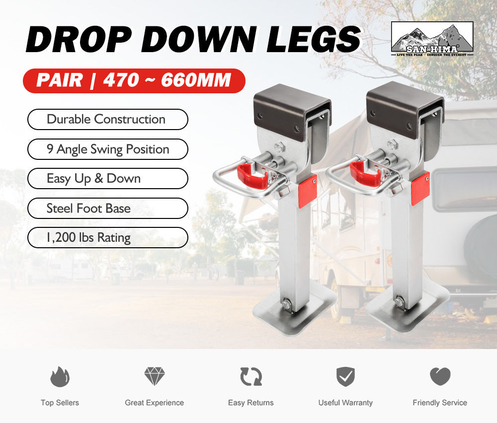SAN HIMA 2x 470mm Drop Down Corner Legs Steadies & Handle Steel Foot Caravan Trailer